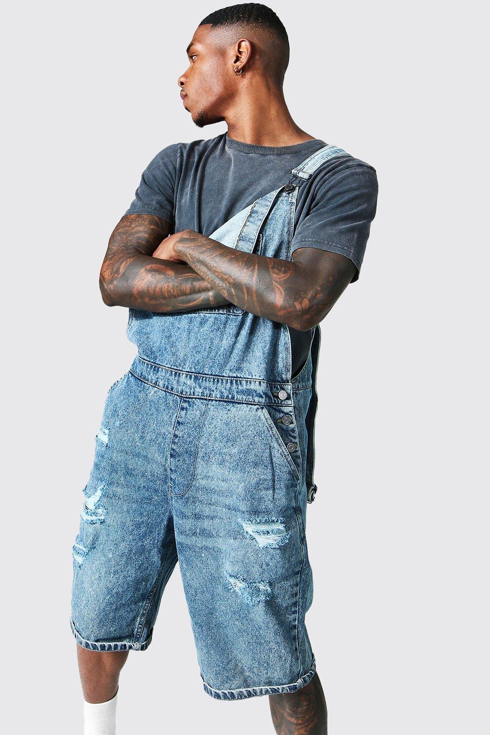 Mens ripped hot sale overalls shorts